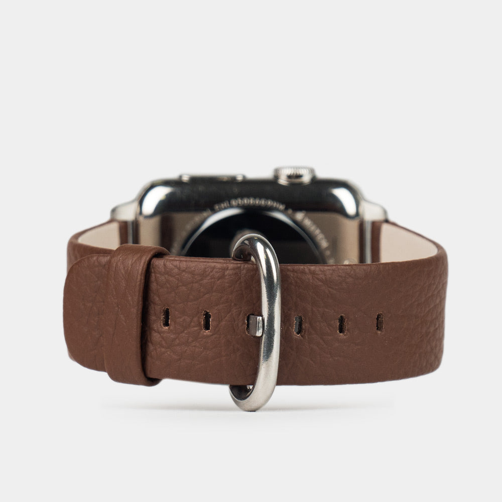 Strap for the Apple Watch 41/42 mm in brown soft grained calfskin leather, with steel adapters and buckle | main view