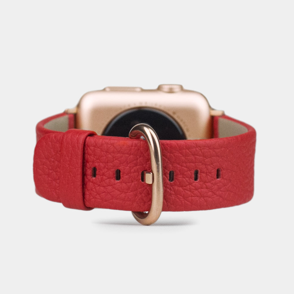 Strap for the Apple Watch 41/42 mm in red soft grained calfskin leather, with pink gold adapters and buckle | main view