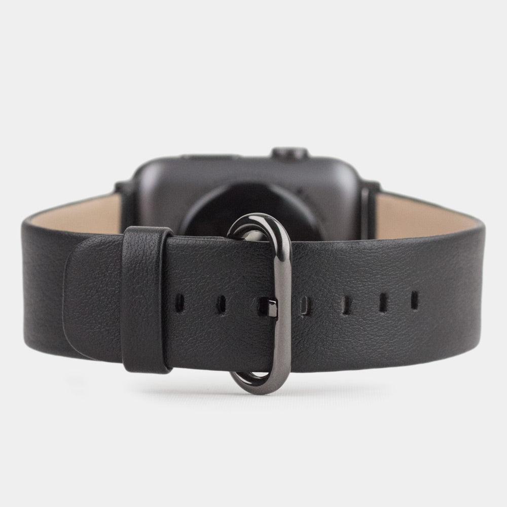 Strap for the Apple Watch 45/46 mm in black smooth calfskin leather, with black adapters and buckle | main view