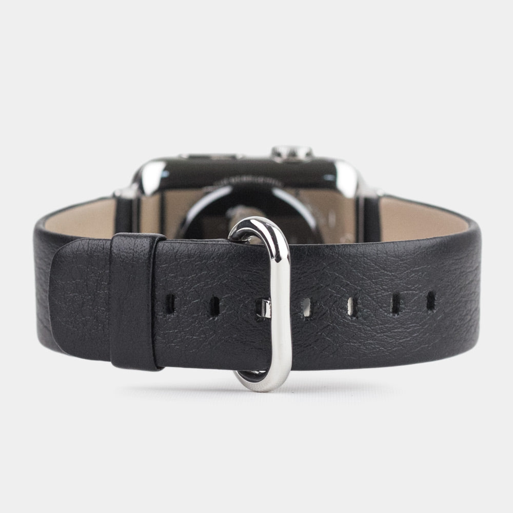 Strap for the Apple Watch 45/46 mm in black smooth calfskin leather, with steel adapters and buckle | main view