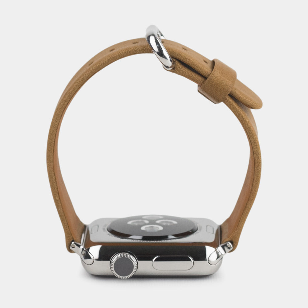 Strap for the Apple Watch 45/46 mm in vintage smooth calfskin leather, with steel adapters and buckle | full profile view to see the thickness of the strap