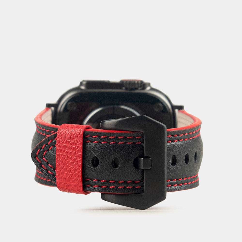Men's Apple Watch Ultra band 49mm in black smooth calfskin leather with red edge finish and its black color adapters - main view