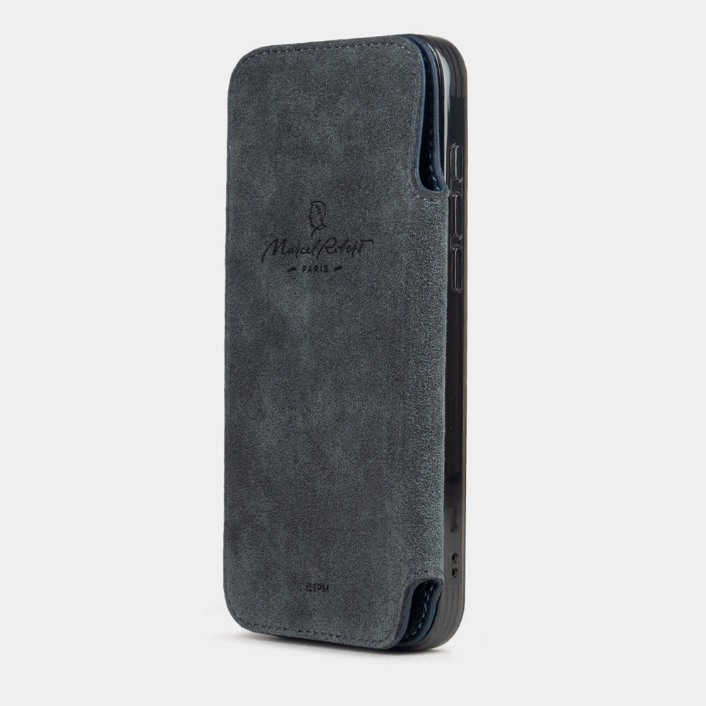 iPhone 17e & 16e calfskin folio wallet case blue – interior view showing the grey Alcantara lining with magnetic closure, designed to protect the screen
