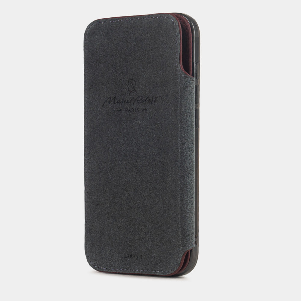 iPhone 17e & 16e calfskin folio wallet case bordeaux – interior view showing the grey Alcantara lining with magnetic closure, designed to protect the screen