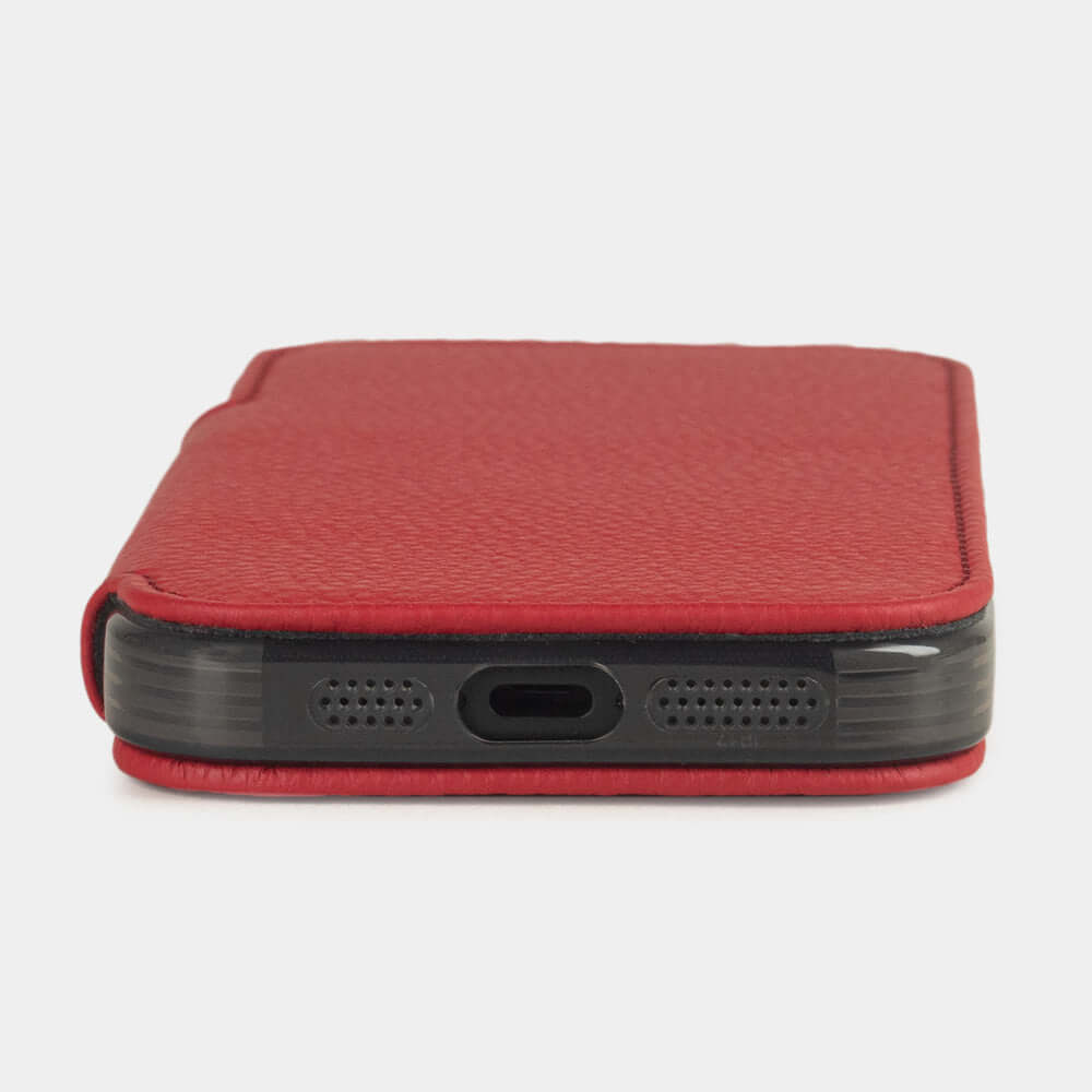 red Calfskin Wallet Case iPhone 17 Air - flat side view displaying ultra-thin handcrafted design, USB-C port opening and precise edge finishing