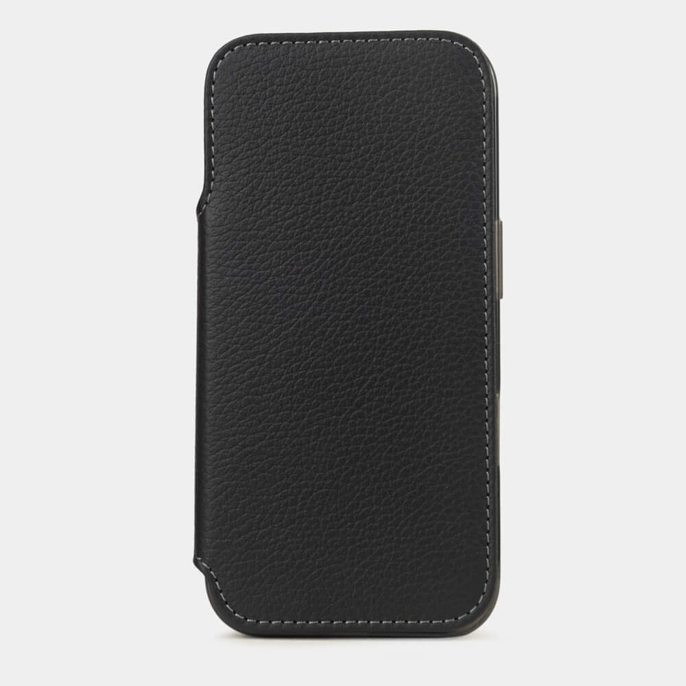 Black Calfskin Wallet Case iPhone 17 Pro Max – upright closed view highlighting the magnetic front cover fully protecting the screen, elegant silhouette