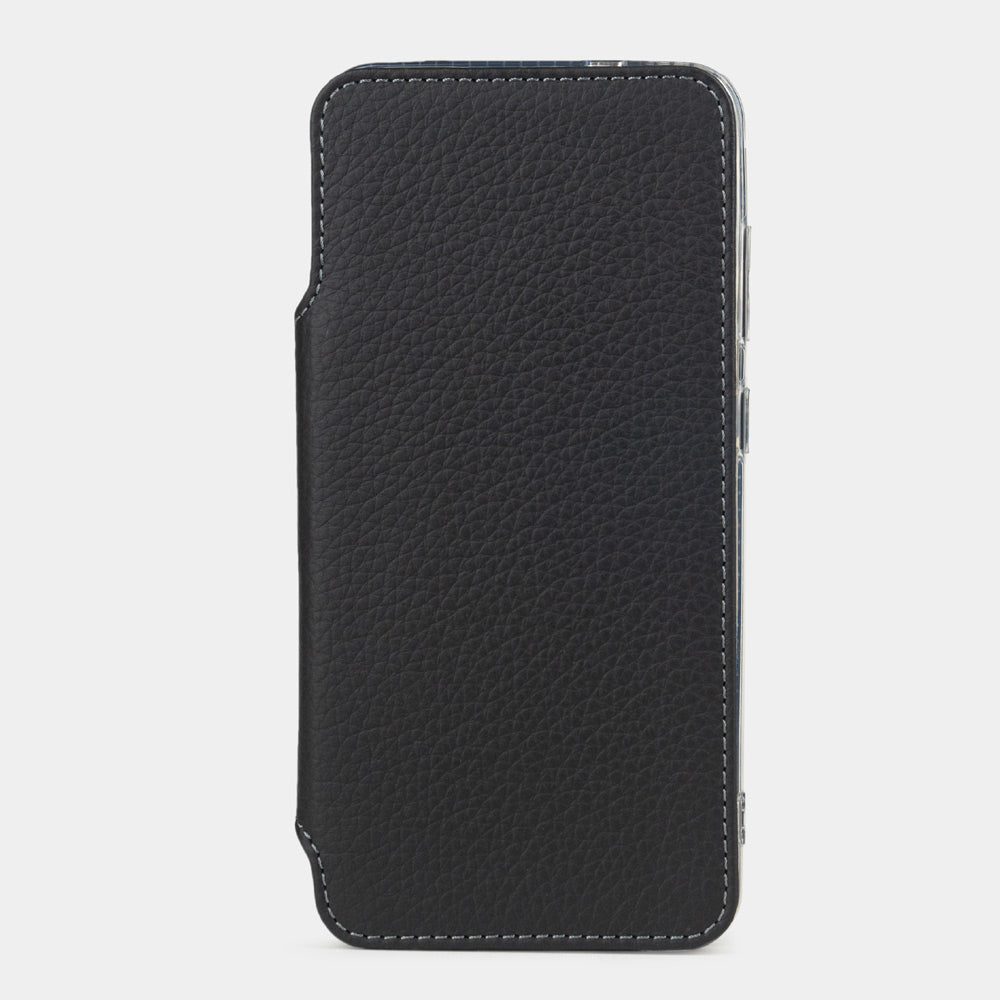 black calfskin wallet case for Samsung Galaxy S24 – front view of the closed folio panel, showing the smooth leather grain and edge stitching