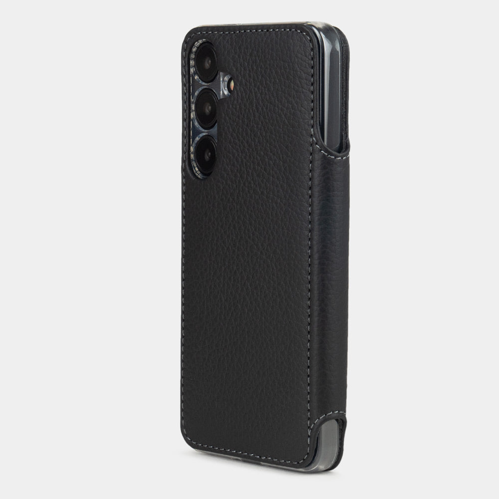 Black calfskin wallet case for Samsung Galaxy S24 – back view showing the precise camera cutout and how optical lenses are efficiently protected