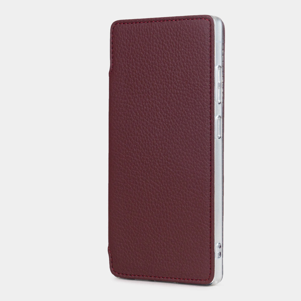 bordeaux calfskin Wallet Case Samsung Galaxy S25 Ultra – upright closed view highlighting the magnetic front cover fully protecting the screen, elegant silhouette