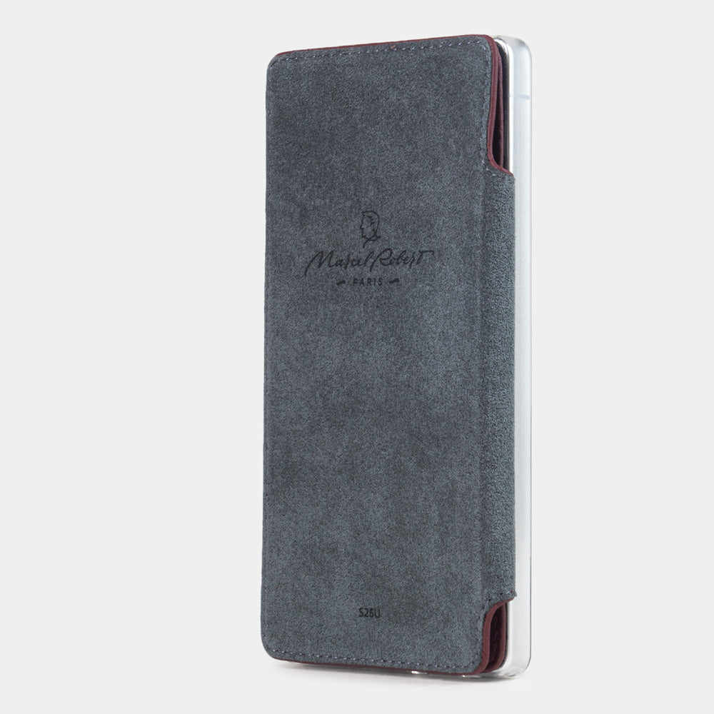 bordeaux calfskin Wallet Case Samsung Galaxy S25 Ultra - interior view showing grey Alcantara lining with magnetic closure, designed to clean and protect the screen