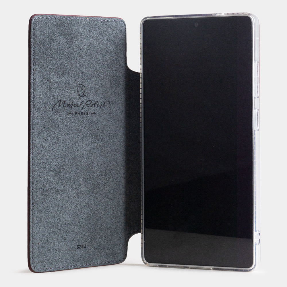 bordeaux calfskin Wallet Case Samsung Galaxy S25 Ultra - case with grey Alcantara lining shown open on smartphone
