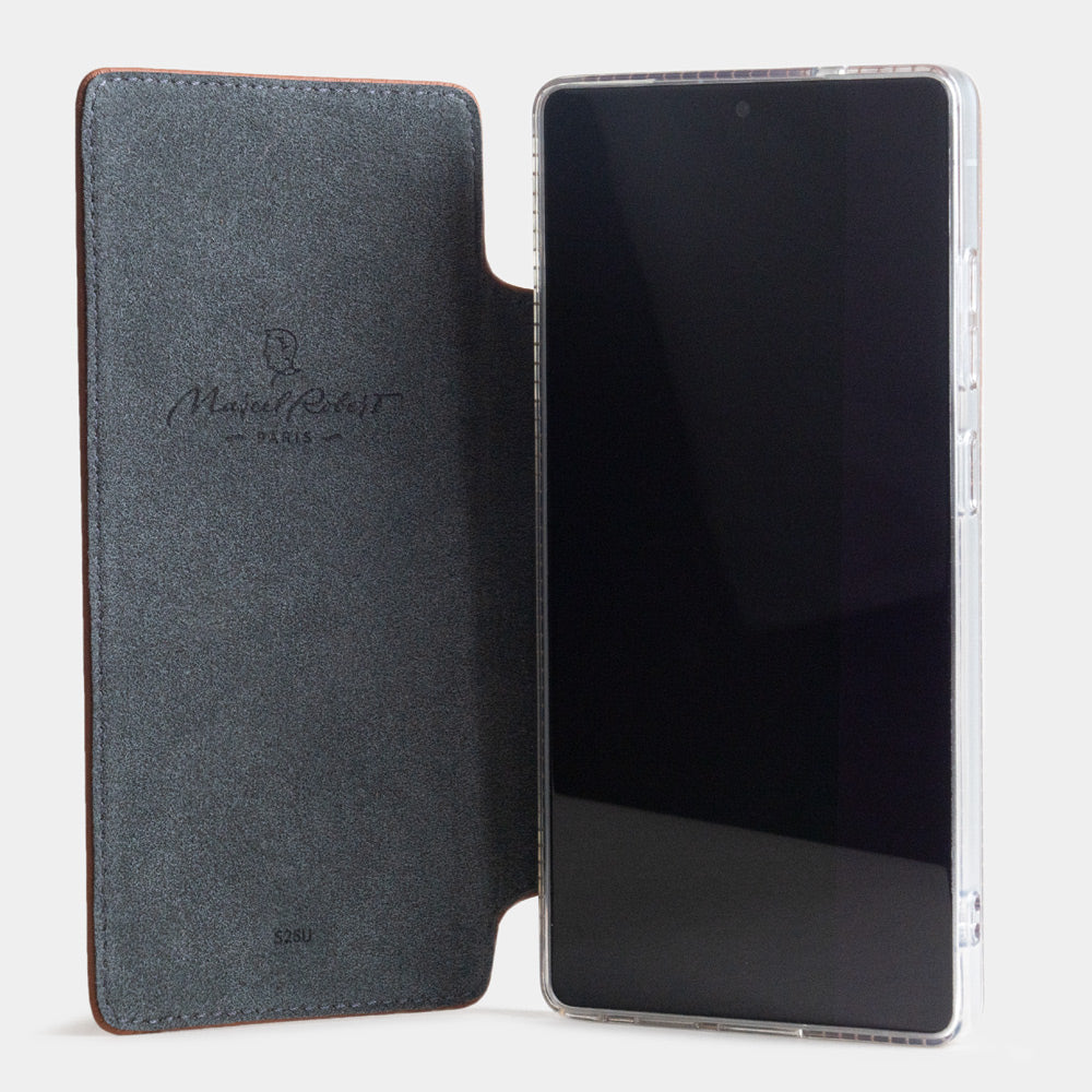 gold calfskin Wallet Case Samsung Galaxy S25 Ultra - case with grey Alcantara lining shown open on smartphone