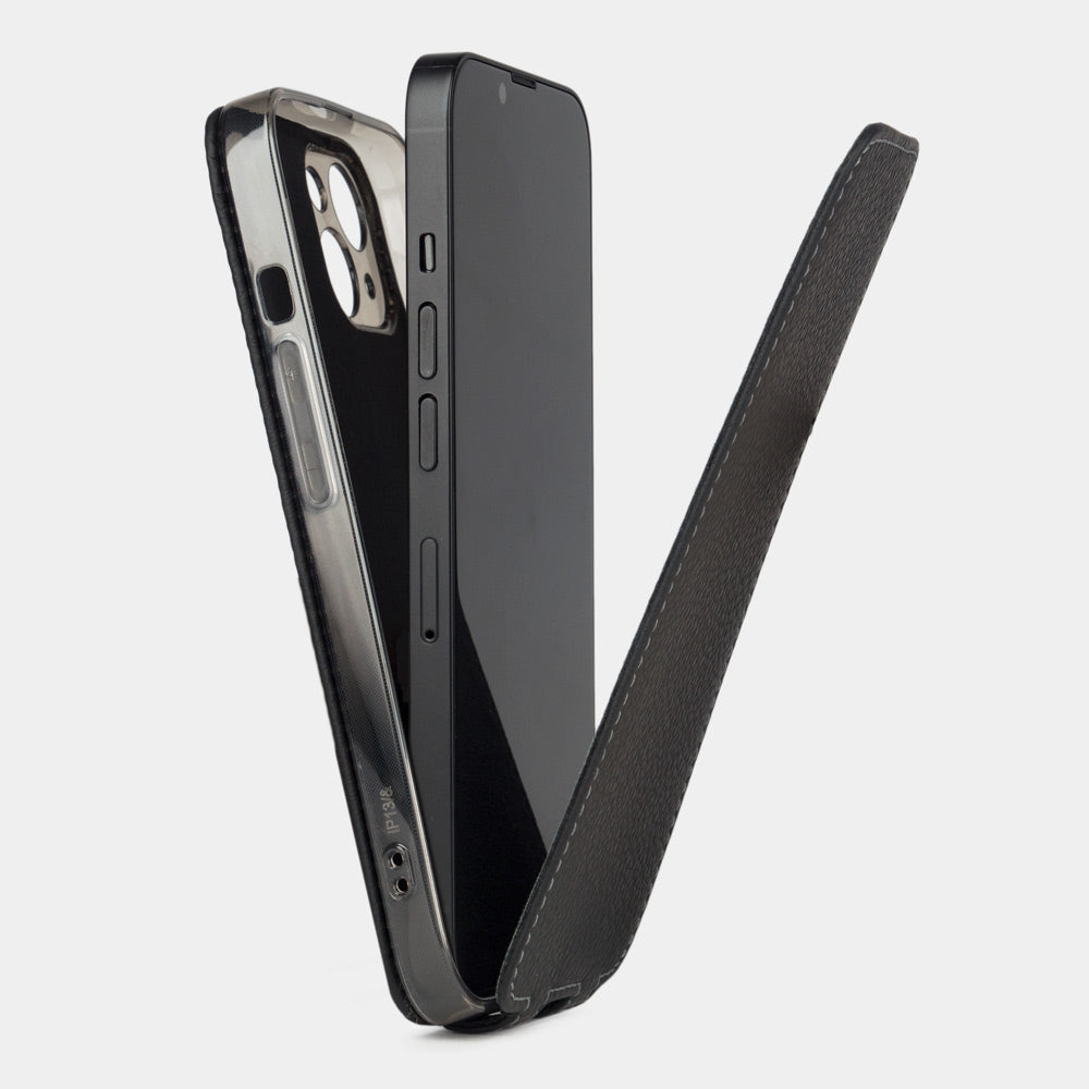 iPhone 14 flip case made with black premium leather – view showing how the iPhone sits in the slim silicone shell and the soft flap that protects the screen