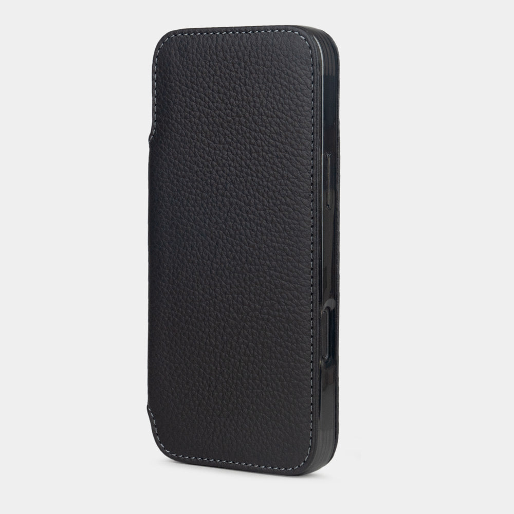 Black calfskin leather wallet case for iPhone 16 Pro