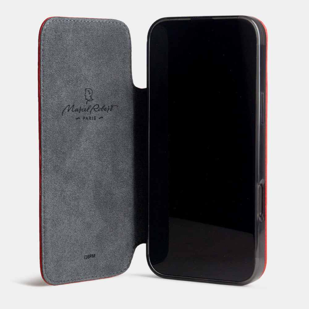 Red calfskin leather wallet case for iPhone 16 Pro