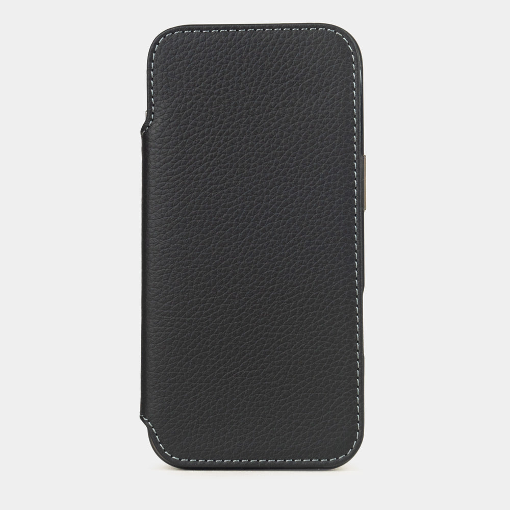 iPhone 17e & 16e calfskin folio wallet case black – luxury handcrafted iPhone case in genuine leather with magnetic flap in closed position