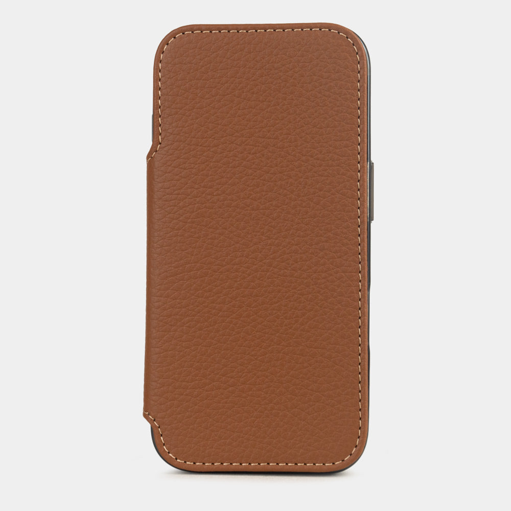 iPhone 17e & 16e calfskin folio wallet case gold – luxury handcrafted iPhone case in genuine leather with magnetic flap in closed position