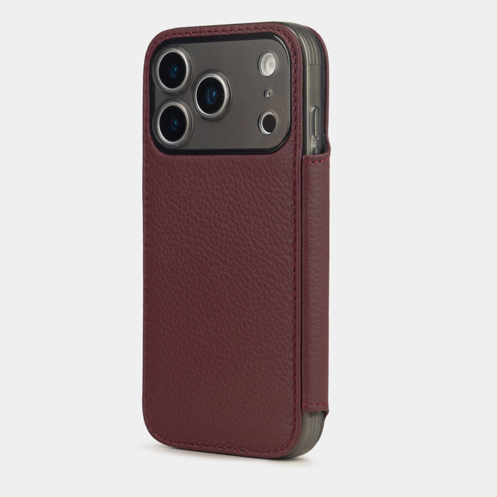 Bordeaux Calfskin Wallet Case iPhone 17 Pro Max silver - view from camera side and how the lenses are efficiently protected