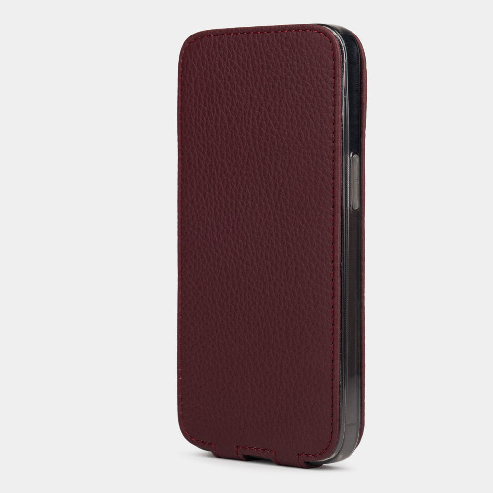 bordeaux full-grain calfskin leather flip case for iPhone 13 with Alcantara-lined interior