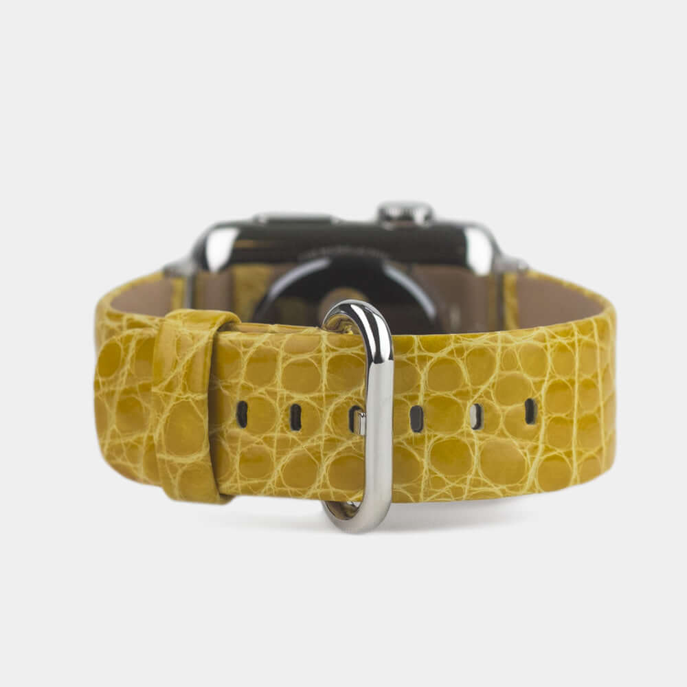 Strap for the Apple Watch 45/46 mm in yellow shiny alligator leather, with steel adapters and buckle | main view