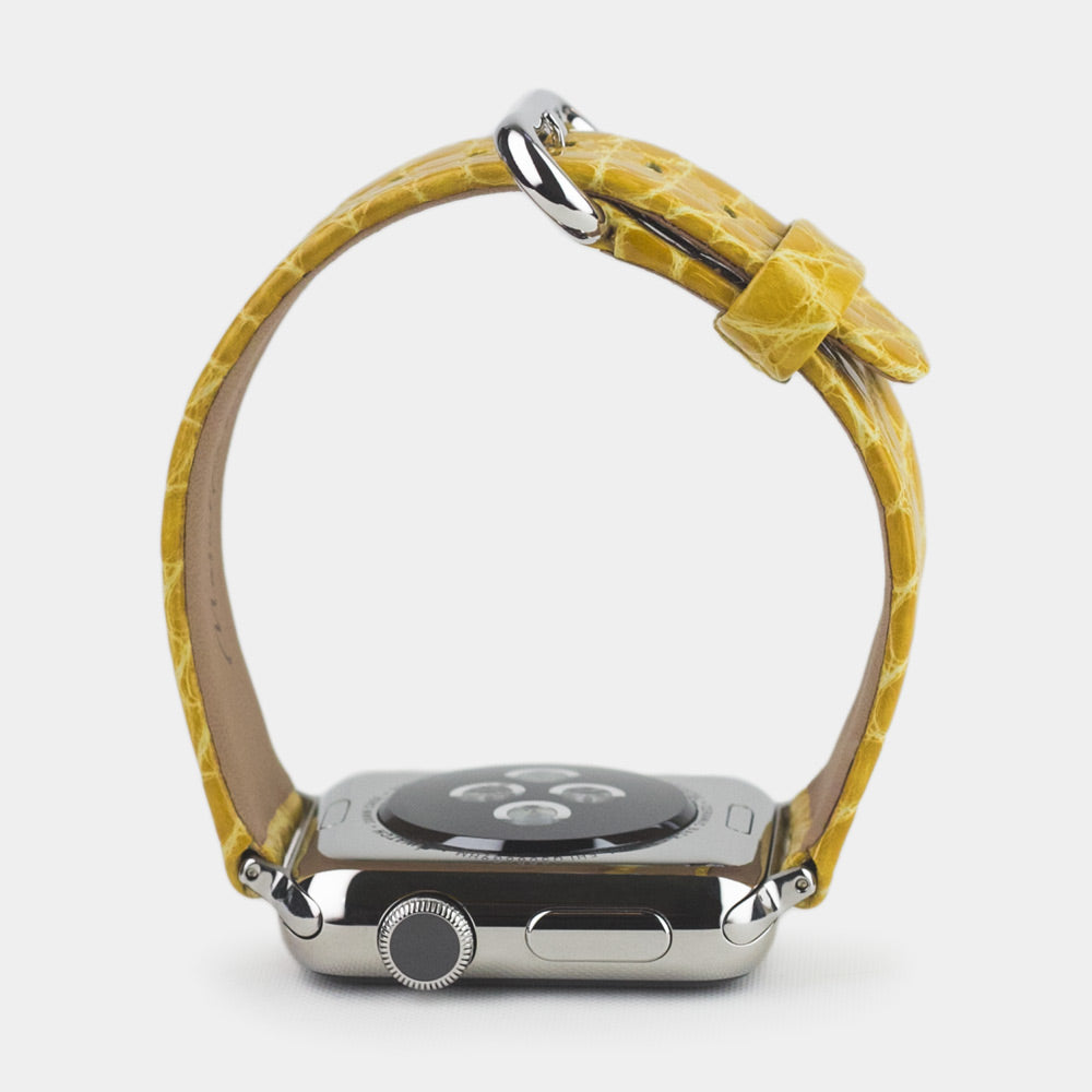 yellow alligator Strap Apple Watch steel adapters and buckle profile view