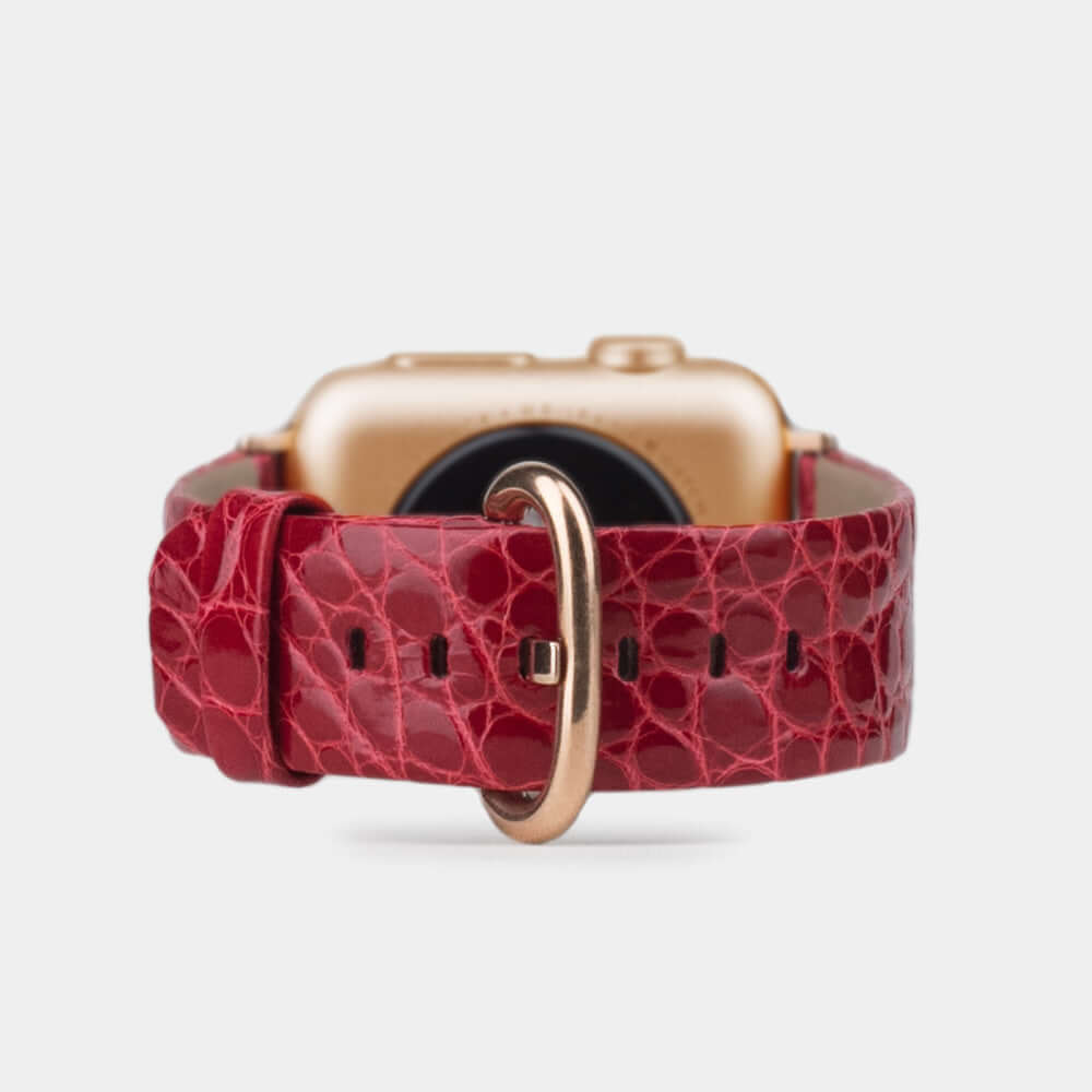 red alligator strap apple watch pink gold adapters and buckle