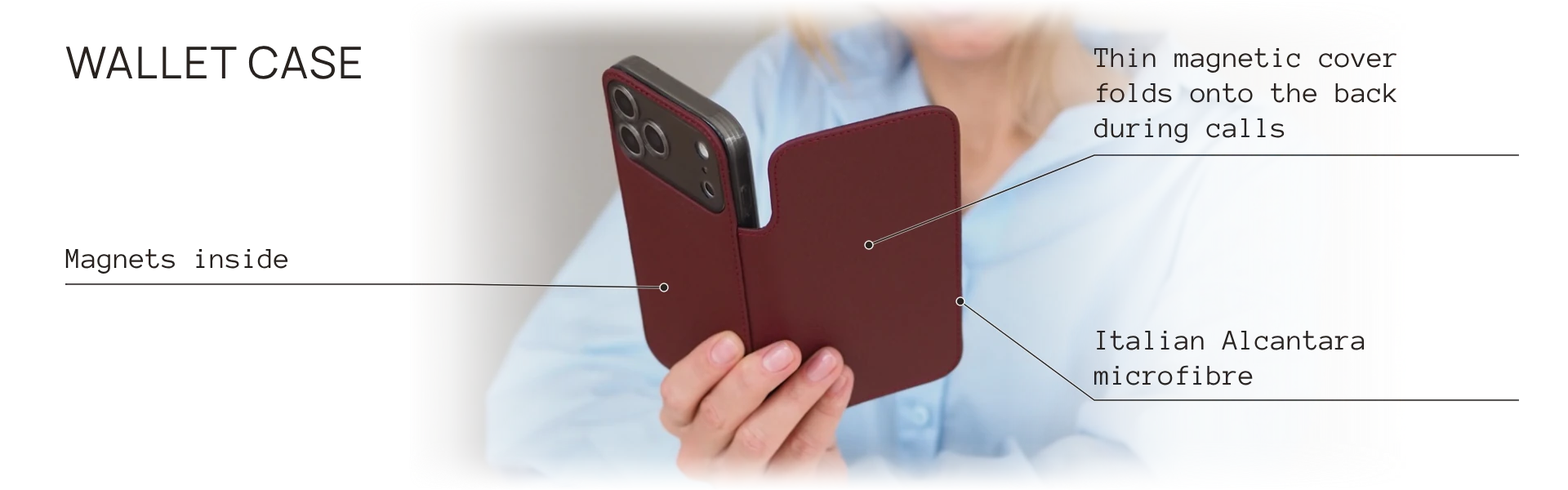 Benoit wallet case: thin magnetic cover folds onto the back during calls, magnets inside, Italian Alcantara microfibre