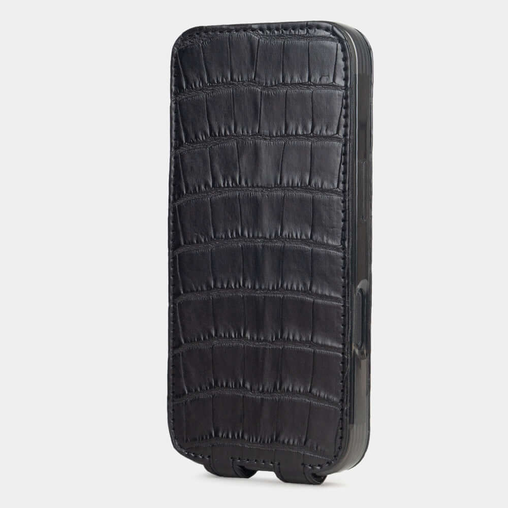 Black Alligator Case iPhone 17 Pro – upright closed view highlighting the magnetic front cover fully protecting the screen, elegant silhouette