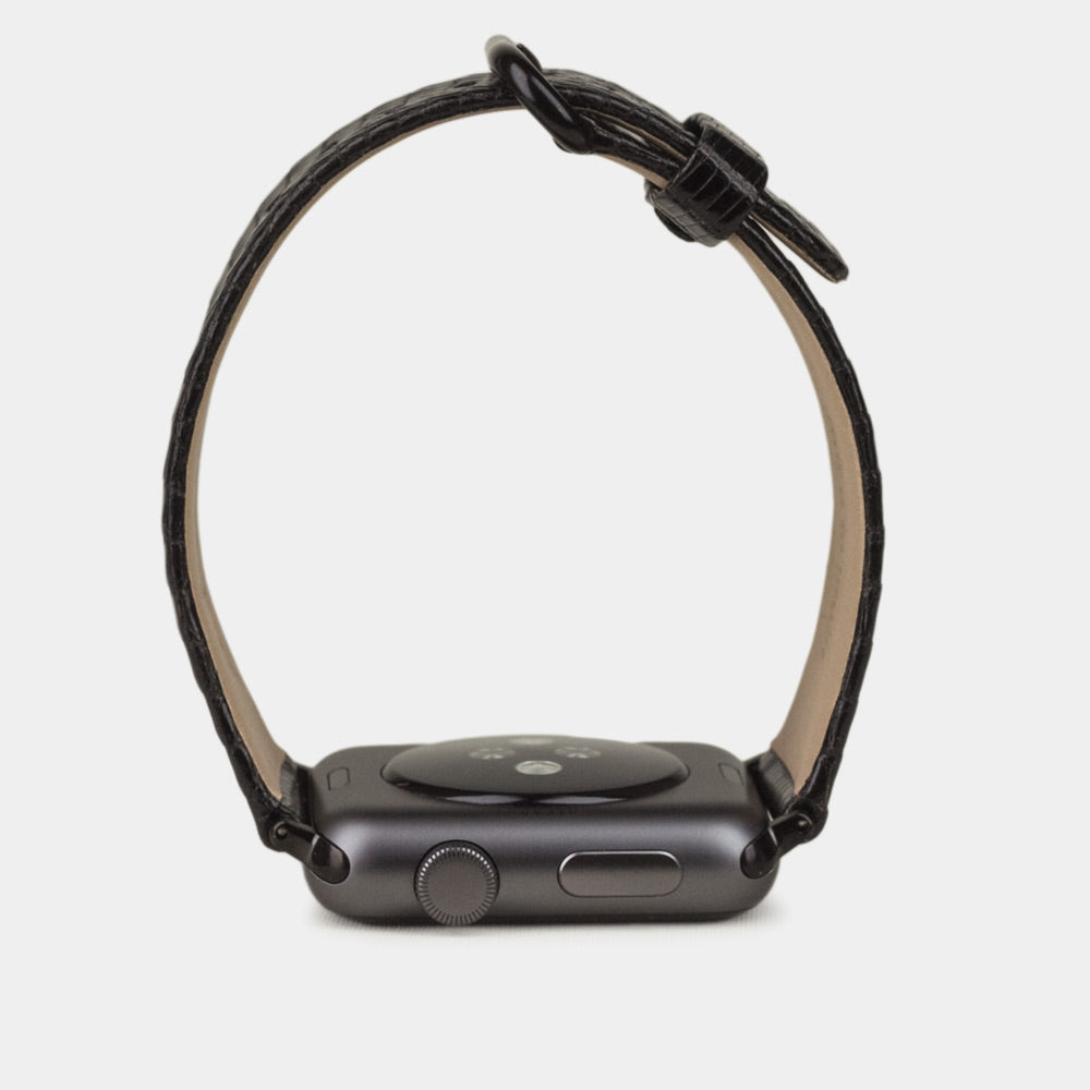 black lizard strap apple watch black adapters and buckle profile view