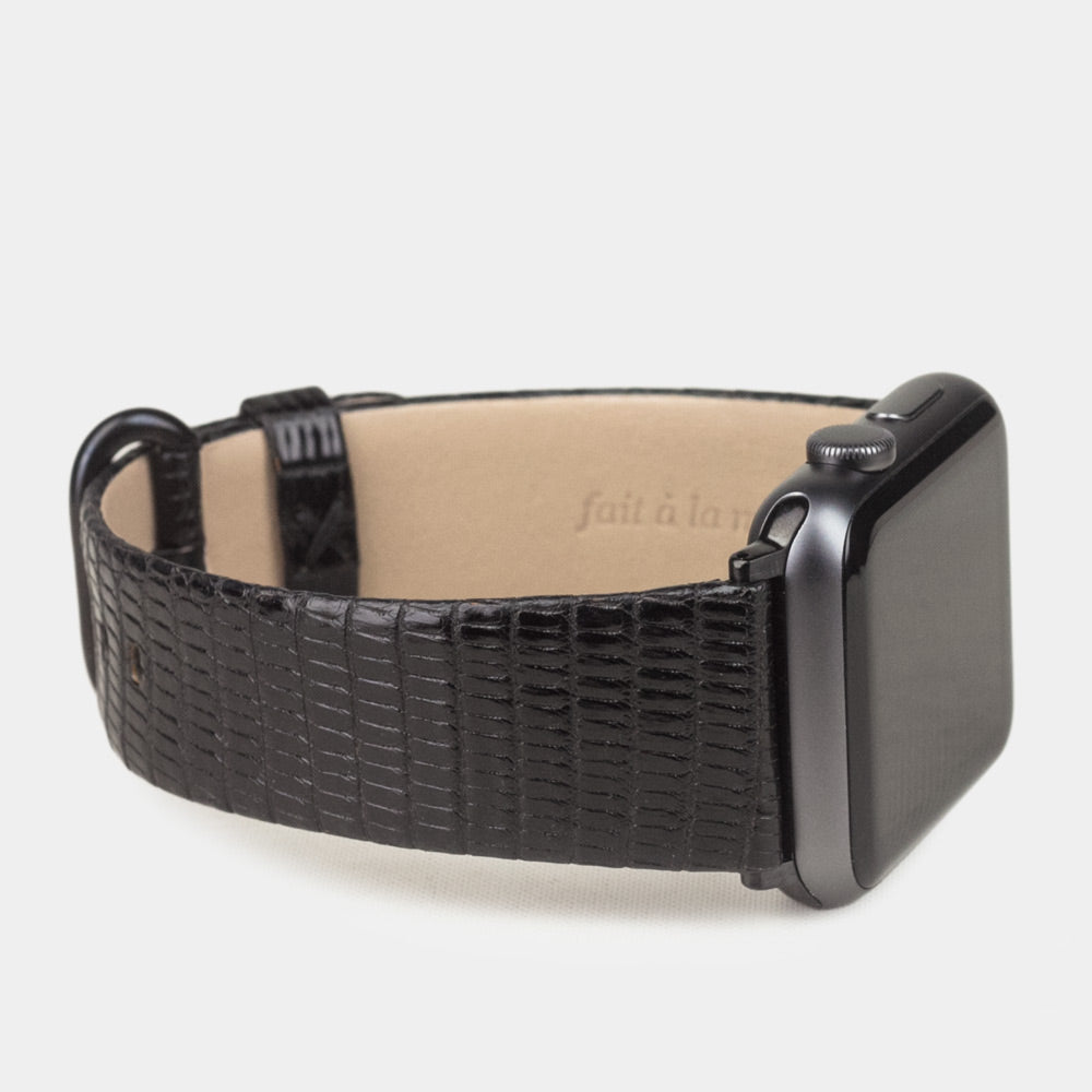 black lizard strap apple watch black adapters and buckle side view