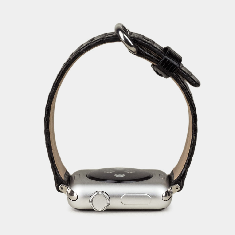 black lizard strap apple watch steel adapters and buckle profile view