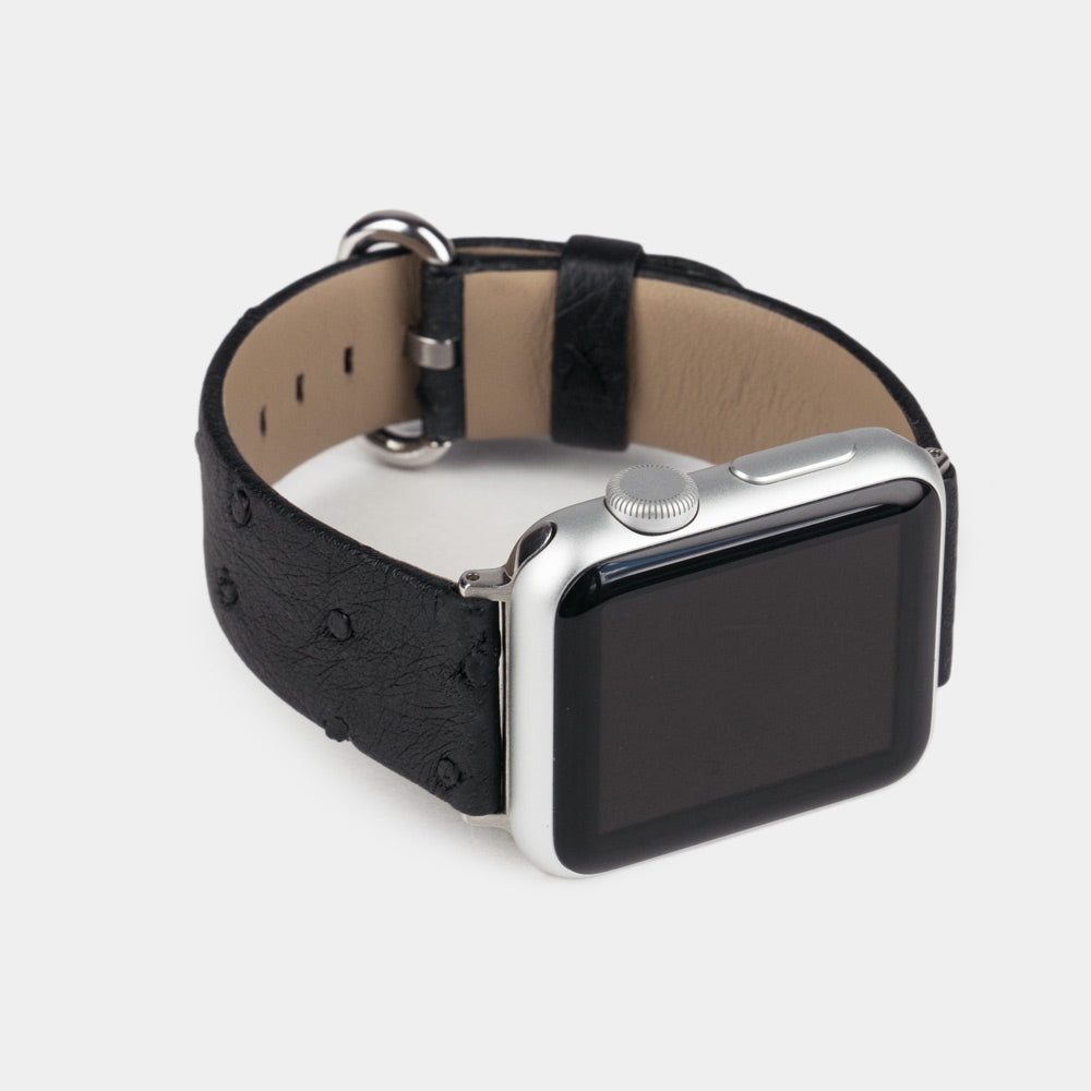 black ostrich strap apple watch with steel adapters and buckle frontal view