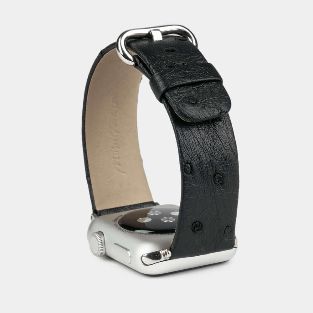 Strap for the Apple Watch 41/42 mm in black ostrich leather, with steel adapters and buckle | full profile view to see the thickness of the strap