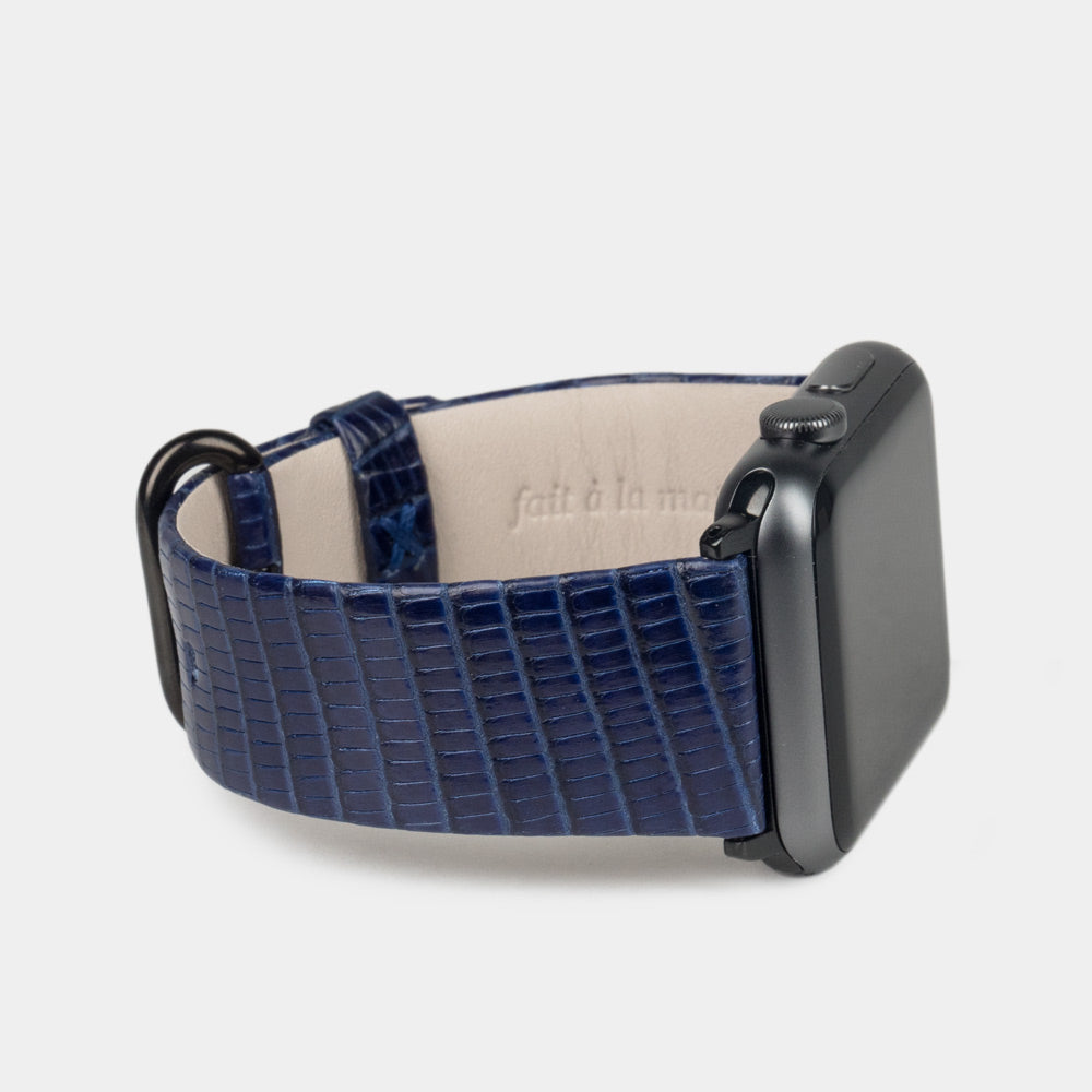 blue lizard leather strap apple watch black adapters and buckle side view