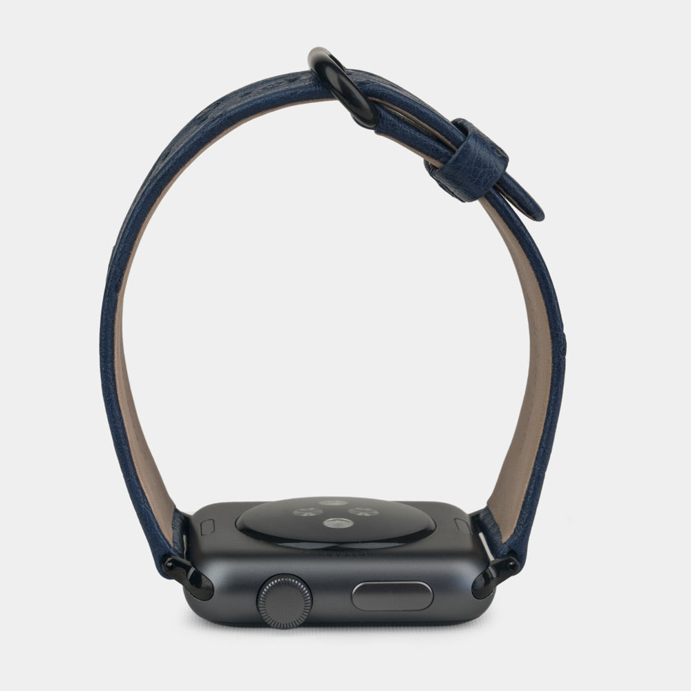 blue ostrich strap apple watch black  adapters and buckle profile view