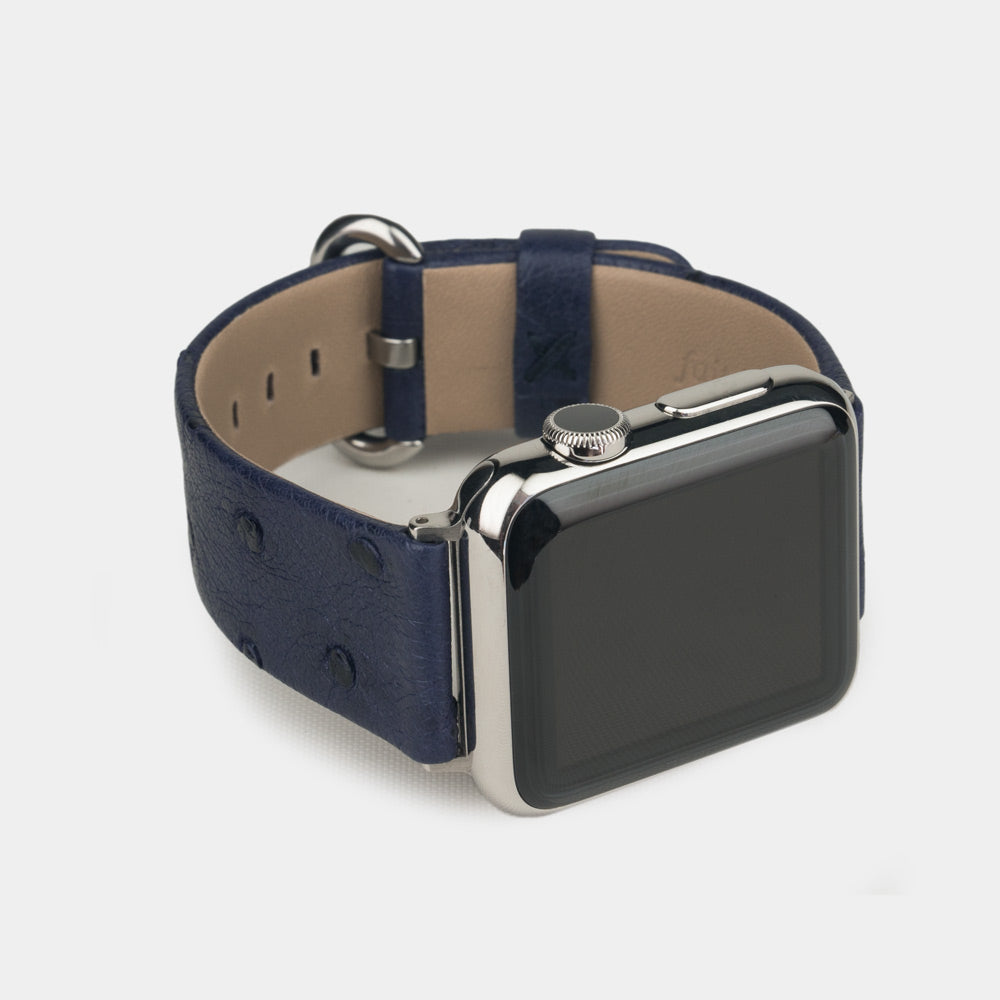 blue ostrich strap apple watch steel adapters and buckle frontal view