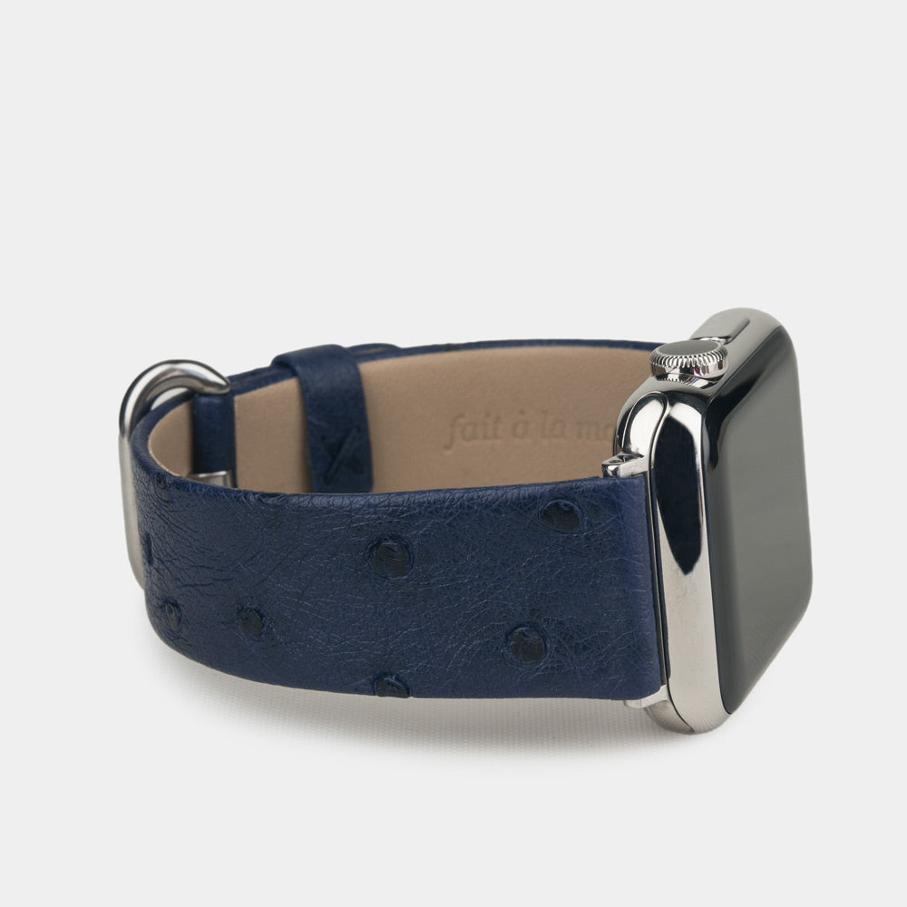 blue ostrich strap apple watch steel adapters and buckle side view