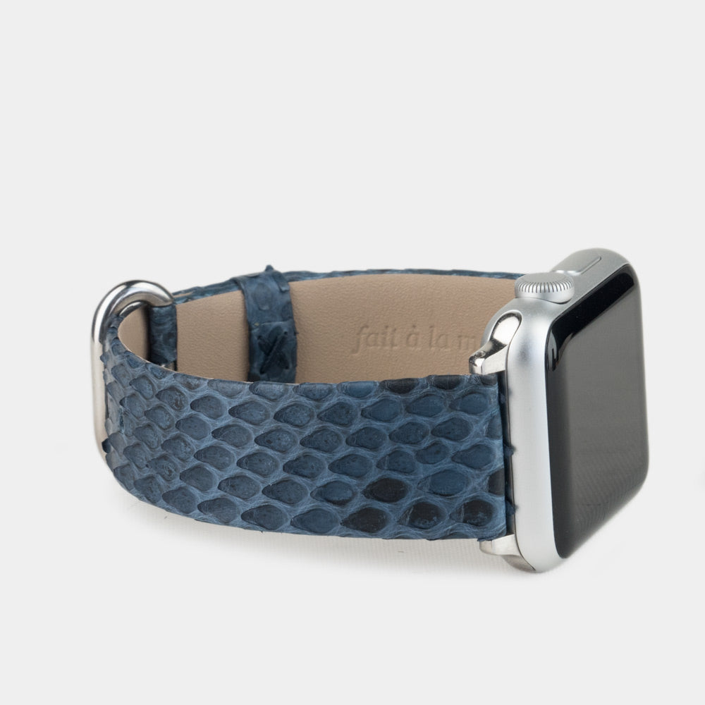 blue python strap apple watch with steel adapters and buckle side view