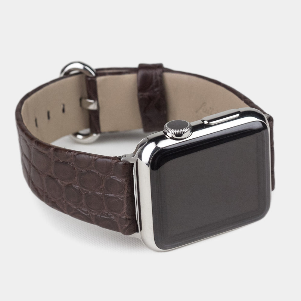 brown alligator band apple watch steel adapters and buckle frontal view