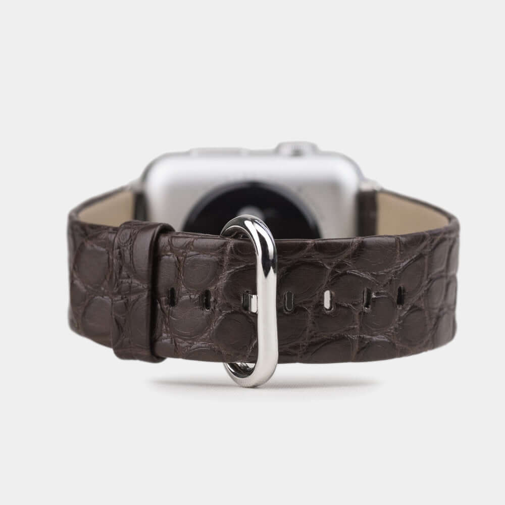 Strap for the Apple Watch 45/46 mm in brown matte alligator leather, with steel adapters and buckle | main view