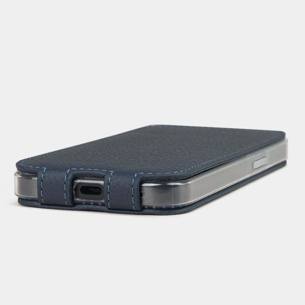Blue calfskin Flip Case iPhone 16e - flat side view displaying ultra-thin handcrafted design, USB-C port opening and precise edge finishing