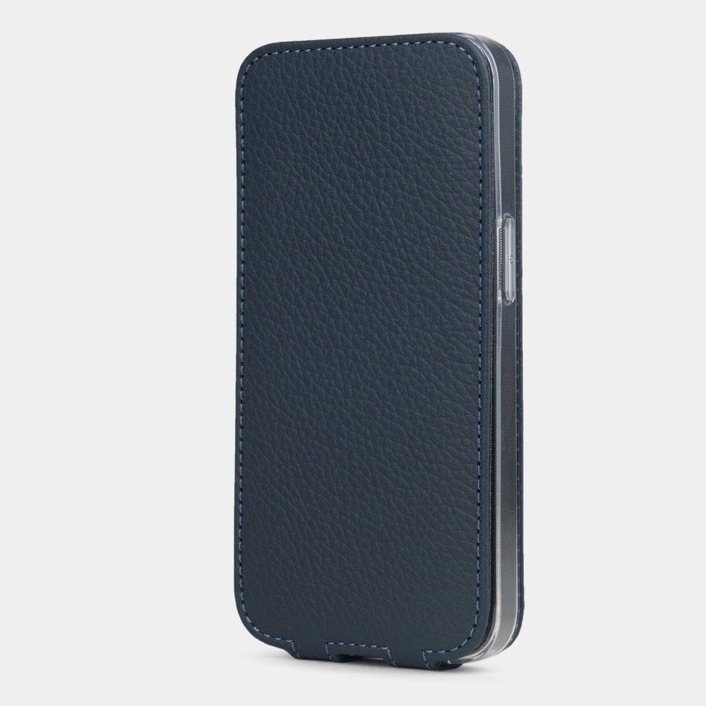 blue Calfskin leather Flip Case iPhone 16e – upright closed view highlighting the magnetic front cover fully protecting the screen, elegant silhouette