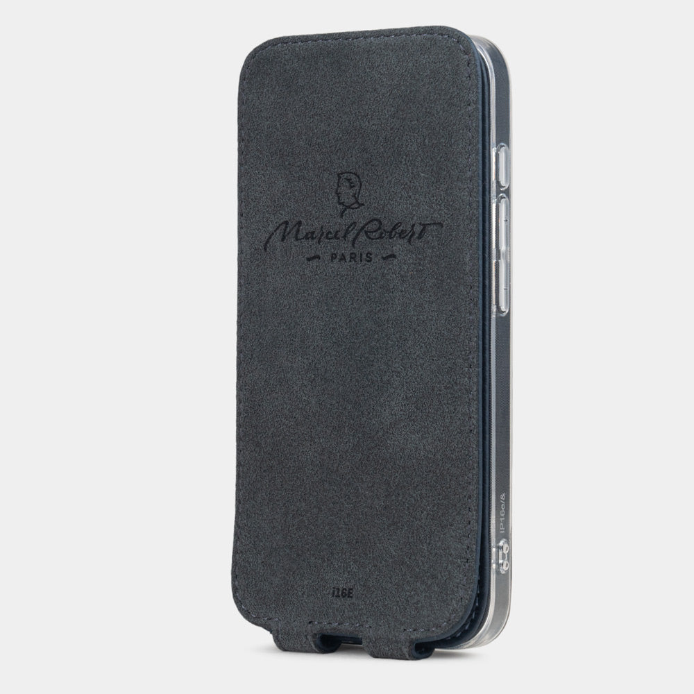 Blue Calfskin Flip Case iPhone 16e - interior view showing grey Alcantara lining with magnetic closure, designed to clean and protect the screen