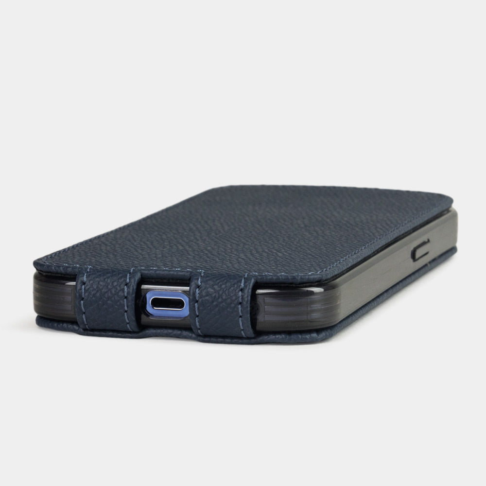 blue Calfskin Case iPhone 15 Pro - interior view showing grey Alcantara lining with magnetic closure, designed to clean and protect the screen