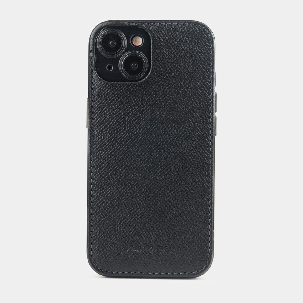 Black Saffiano leather cover case for iPhone 15 Plus – back view from the camera side, raised leather edge protecting the lenses