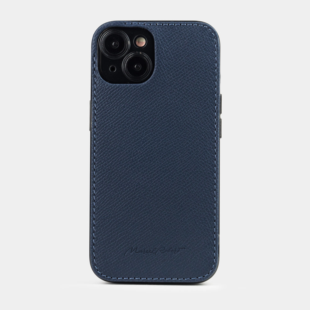 Blue Saffiano leather cover case for iPhone 15 Plus – back view from the camera side, raised leather edge protecting the lenses