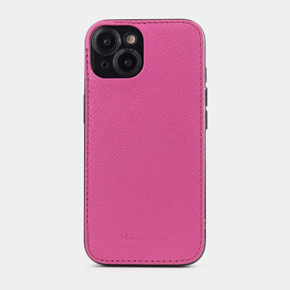 Pink calfskin leather cover case for iPhone 15 Plus – back view from the camera side, raised leather edge protecting the lenses