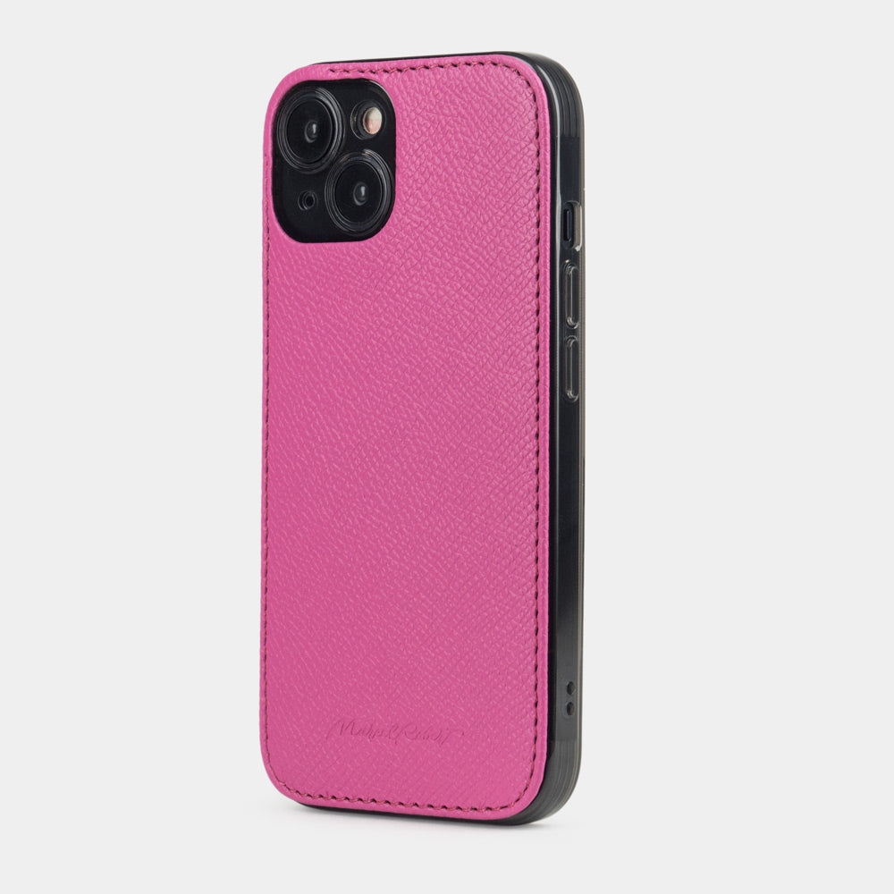 Pink calfskin leather cover case for iPhone 15 Plus – three-quarter back view showing the ultra-thin 2 mm profile and hand-finished edges