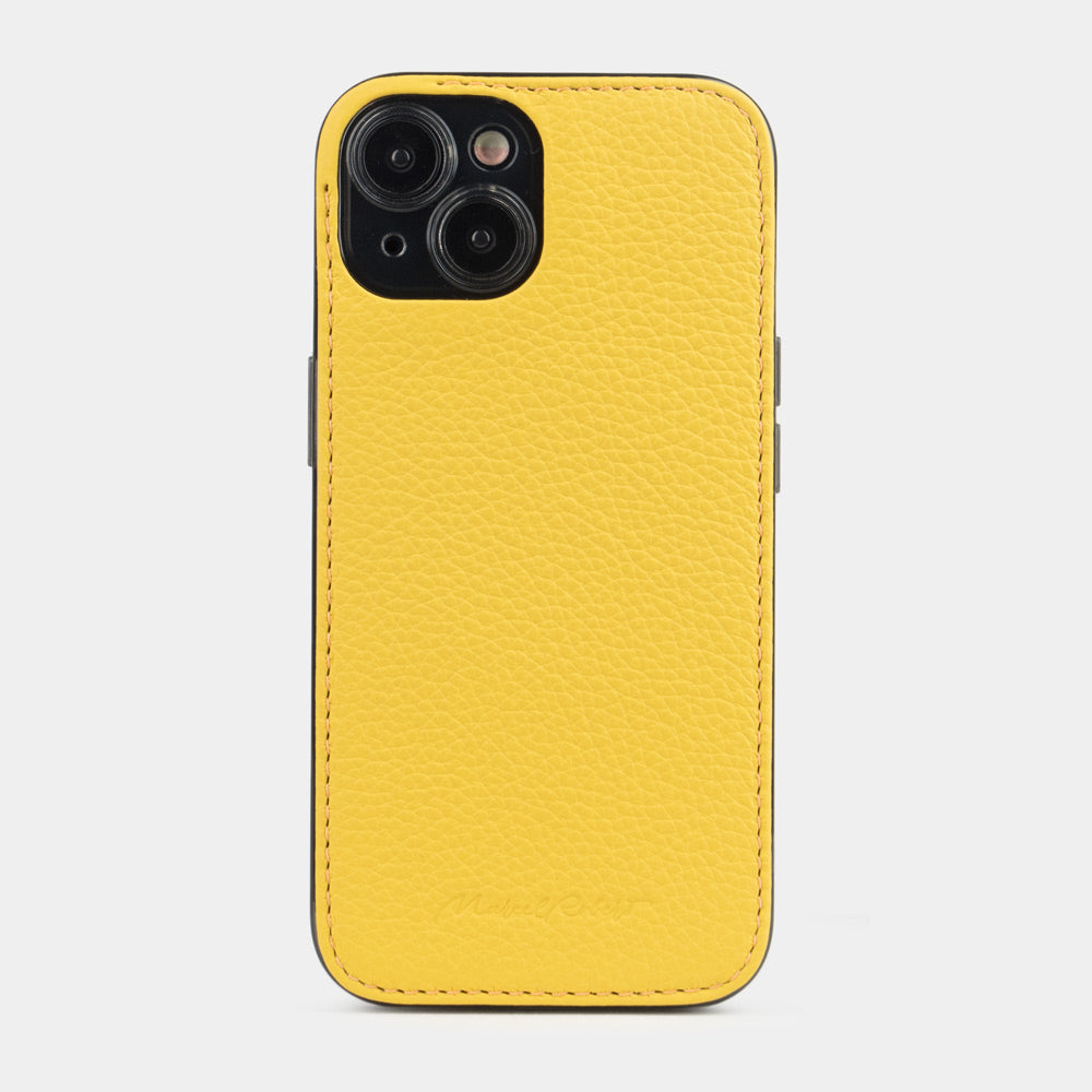 Yellow calfskin leather cover case for iPhone 15 Plus – back view from the camera side, raised leather edge protecting the lenses