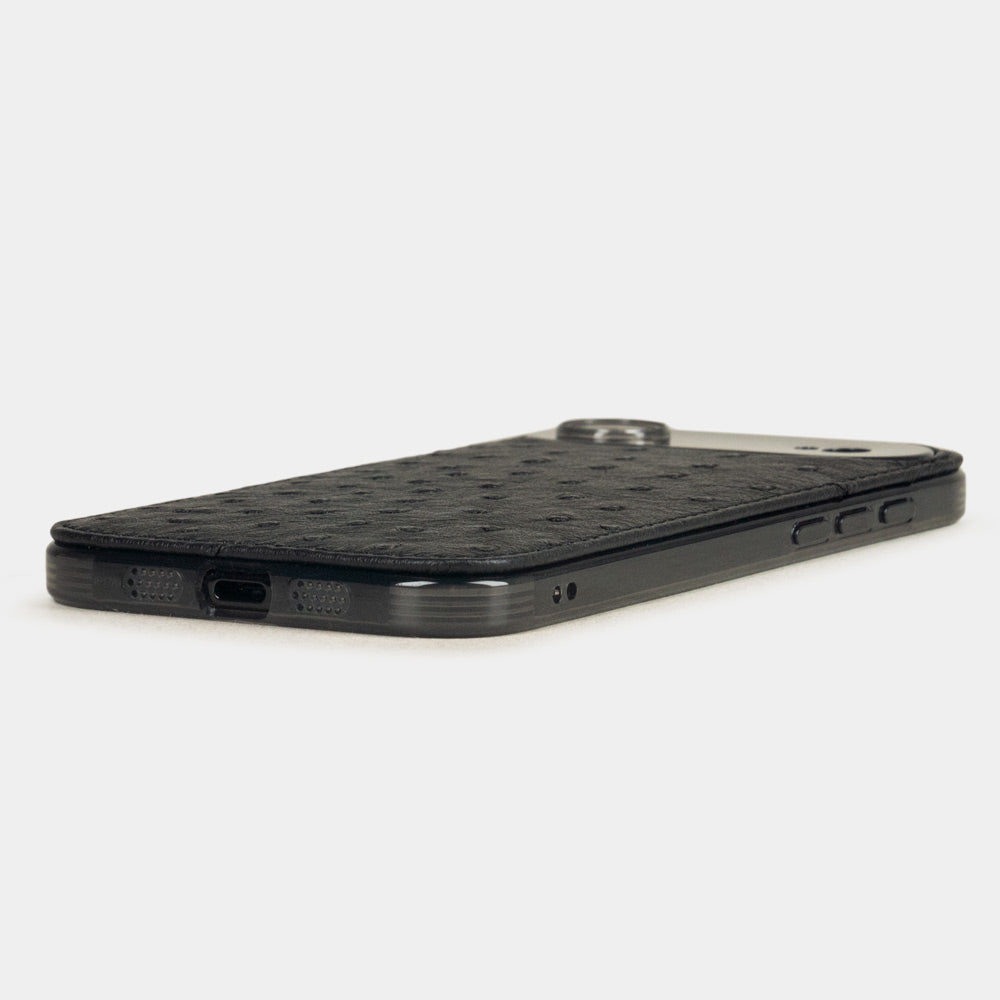 Black Ostrich Cover Case iPhone 17 Air - flat side view displaying ultra-thin handcrafted design, USB-C port opening and precise edge finishing
